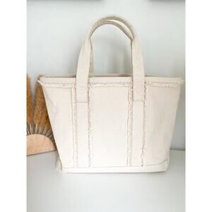 J. Jill Natural Canvas Fringe Tote Bag Cream Boho Bohemian Cottagecore Beach